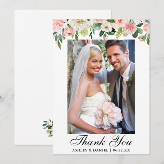 Bruiloft Waterverf Roze Blush Foto Bedankkaart (Voorkant / Achterkant)