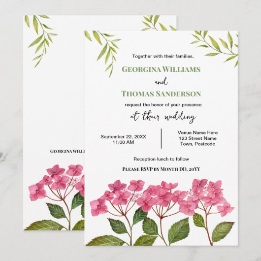 Bruiloft Waterverf Roze Hydrangea Lacecaps Kaart (Voorkant / Achterkant)