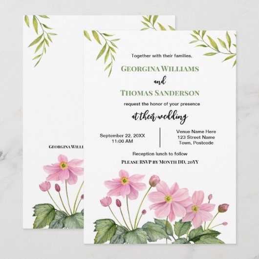 Bruiloft Waterverf Roze Japans Anemoon Kaart (Voorkant / Achterkant)