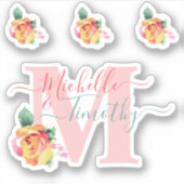Bruiloft Waterverf Rozen Bloemenbrief Initiaal M Sticker (Voorkant)