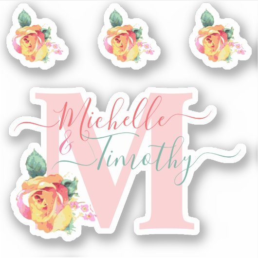 Bruiloft Waterverf Rozen Bloemenbrief Initiaal M Sticker (Voorkant)