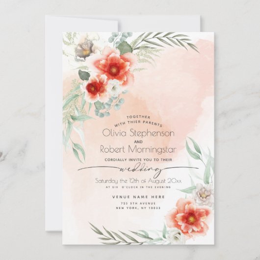 Bruiloft | Waterverf Scarlet Flame Floral Kaart (Voorkant)