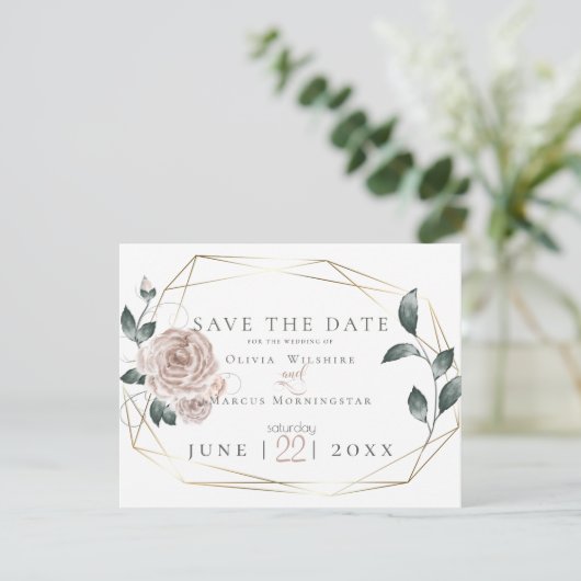 BRUILOFT | Waterverf Stof Roos Blush Pink Save The Date (Staand voorkant)