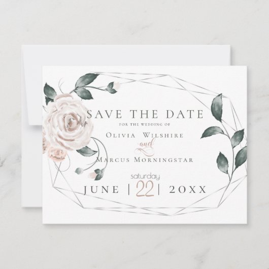 BRUILOFT | Waterverf Stof Roos Blush Pink Silver Save The Date (Voorkant)