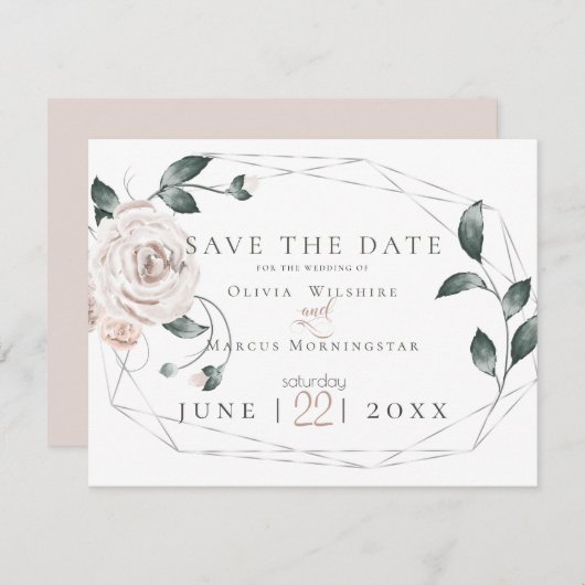 BRUILOFT | Waterverf Stof Roos Blush Pink Silver Save The Date (Voorkant / Achterkant)