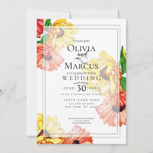 Bruiloft | Waterverf Yellow en Red Gerbera Daisy Kaart (Voorkant)