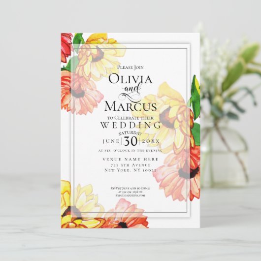 Bruiloft | Waterverf Yellow en Red Gerbera Daisy Kaart (Staand voorkant)