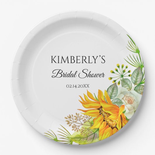 Bruiloft Waterverf Zonnebloemen Papieren Bordje (Voorkant)