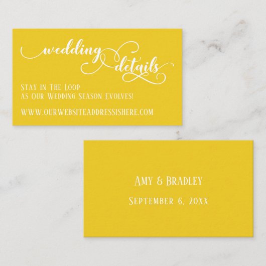 Bruiloft Website Details Script Mosterd Geel Informatiekaartje (Voorkant / Achterkant)