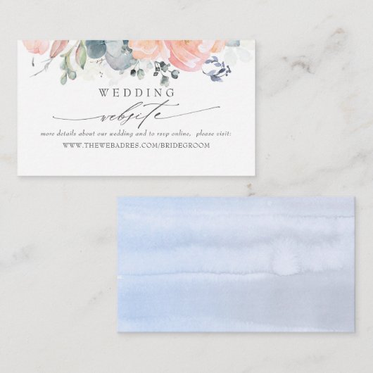 Bruiloft Website Dusty Blue en Perzik Blauw Visitekaartje (Voorkant / Achterkant)