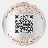 Bruiloft website QR code details rsvp zilver roos Ronde Sticker (Voorkant)