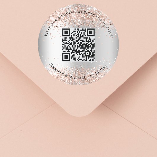 Bruiloft website QR code details rsvp zilver roos Ronde Sticker