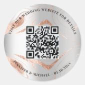 Bruiloft website QR code details rsvp zilver roos Ronde Sticker (Voorkant)