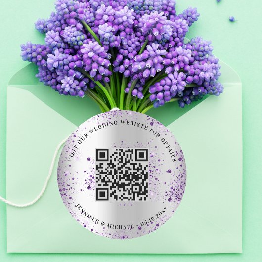 Bruiloft website QR code details rsvp zilver viole Ronde Sticker