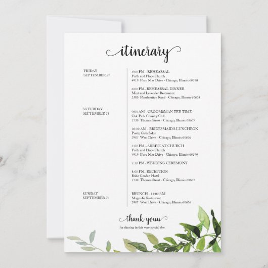 Bruiloft Weekend Route Elegant Groen Invitat Kaart (Achterkant)