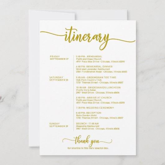 Bruiloft Weekend Welkom en Reisbrief Goud Kaart (Achterkant)