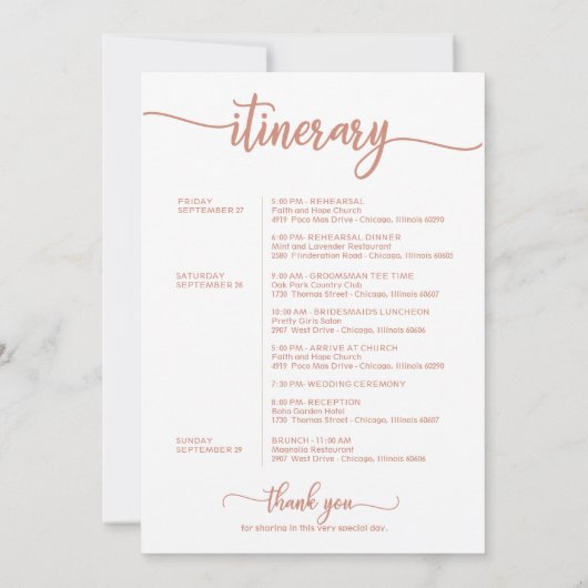 Bruiloft Weekend Welkomstroute Brief Roos Gold Kaart (Achterkant)