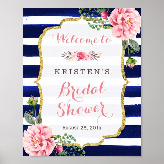 Bruiloft Welcome Bord Roze Bloemen Navy Streep Poster (Voorkant)