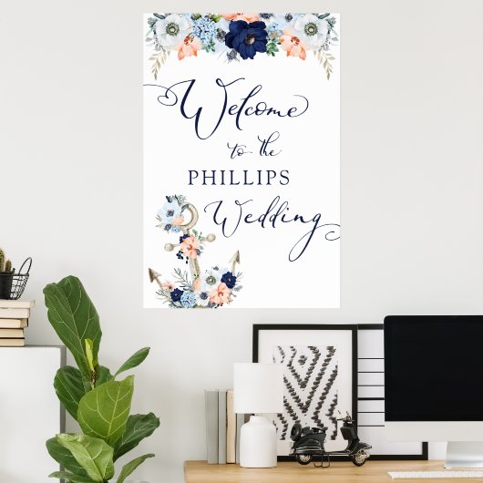 Bruiloft Welkom Nautische Bloemen Anker Poster (Thuiskantoor)