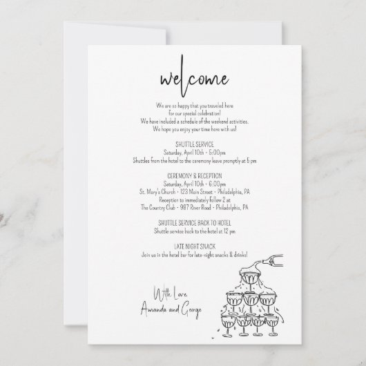 Bruiloft Welkom Route champagne toren Feestdagenkaart (Voorkant)