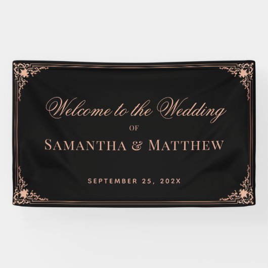 Bruiloft Welkom Zwart Roze Elegant   Spandoek (Horizontaal)