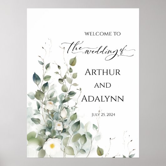 Bruiloft welkomstbord elegant groen en rozen poster (Voorkant)