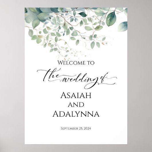 Bruiloft welkomstbord & elegante waterverf groen poster (Voorkant)