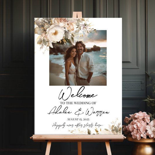 Bruiloft welkomstbord, foto & waterverf bloemen poster