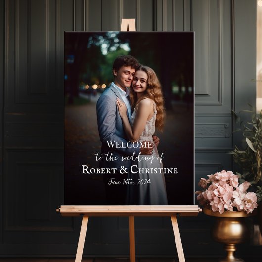 Bruiloft welkomstbord met foto elegant script poster