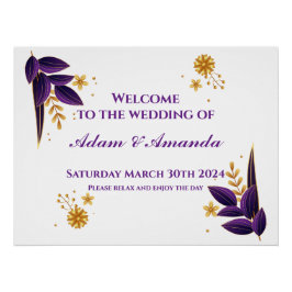 Bruiloft Welkomstbord - Paarse en gouden bloemen Perfect Poster