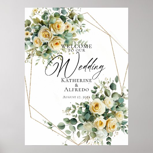 Bruiloft welkomstbord, rozen en groen poster (Voorkant)