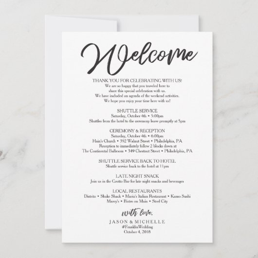 Bruiloft Welkomstbrief - Hotel Bag Sjabloon Kaart (Voorkant)