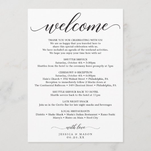 Bruiloft Welkomstreisbrief - Hotel Bag Programmakaart (Voorkant)