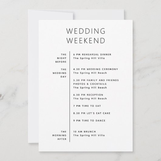 Bruiloft welkomsttas. Weekendreisschema Kaart (Achterkant)