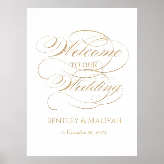 Bruiloft welkomstteken elegante gouden kalligrafie poster (Voorkant)