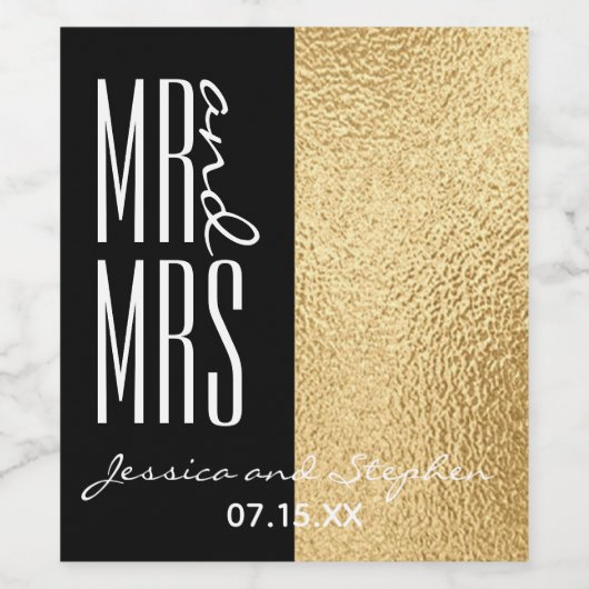 Bruiloft Wijnfles Label Elegant Goud en Zwart Wijn Etiket (Enkel label)