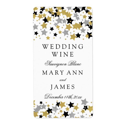 Bruiloft Wijnlabel Gouden Glitter Sterren Confetti Etiket (Voorkant)