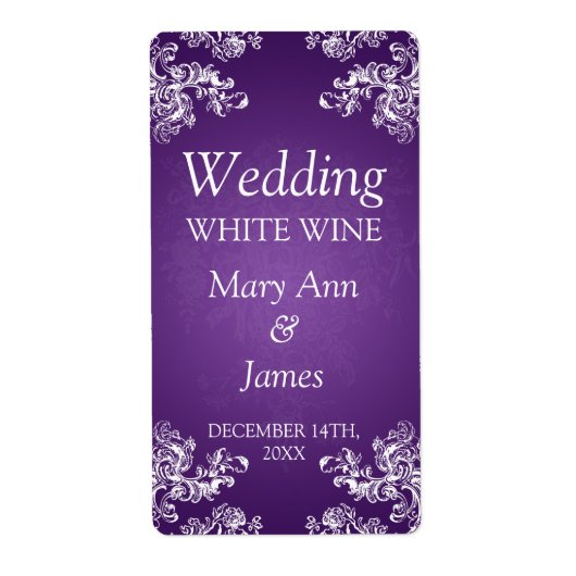 Bruiloft Wijnlabel  Swirls 2 Paarse Etiket (Voorkant)