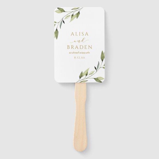 Bruiloft wijnstokken bladeren groen botanisch goud handwaaier (Voorkant)