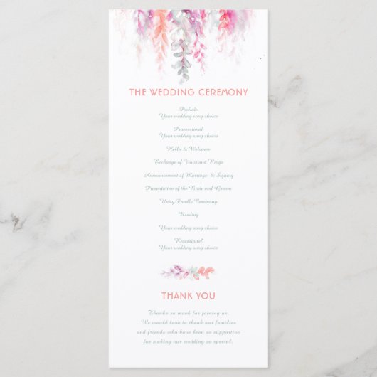 Bruiloft wijnstokken cascading waterverf koraal ro programmakaart (Achterkant)