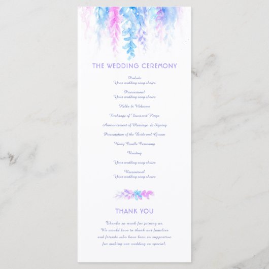 Bruiloft wijnstokken cascading waterverf paarse bl programmakaart (Achterkant)