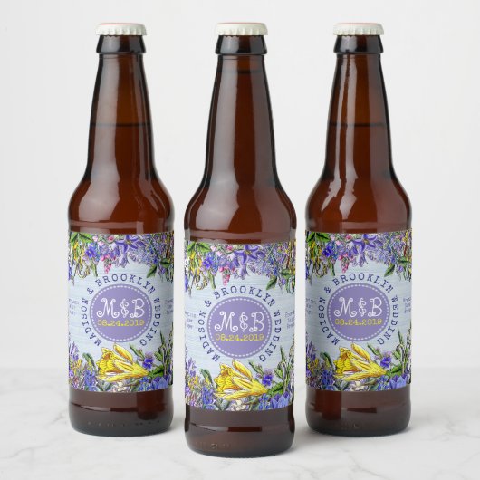 Bruiloft Wildbloemen Monogram Bloemen Bier Etiket (Flessen)