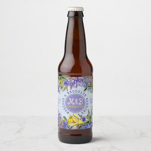 Bruiloft Wildbloemen Monogram Bloemen Bier Etiket (Voorkant)