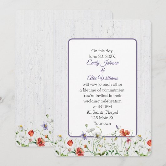 Bruiloft Wildbloemen op witgewassen hout Kaart (Voorkant / Achterkant)