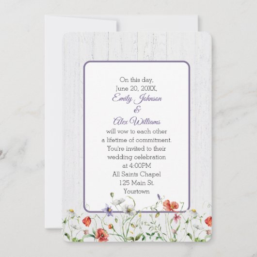 Bruiloft Wildbloemen op witgewassen hout Kaart (Voorkant)