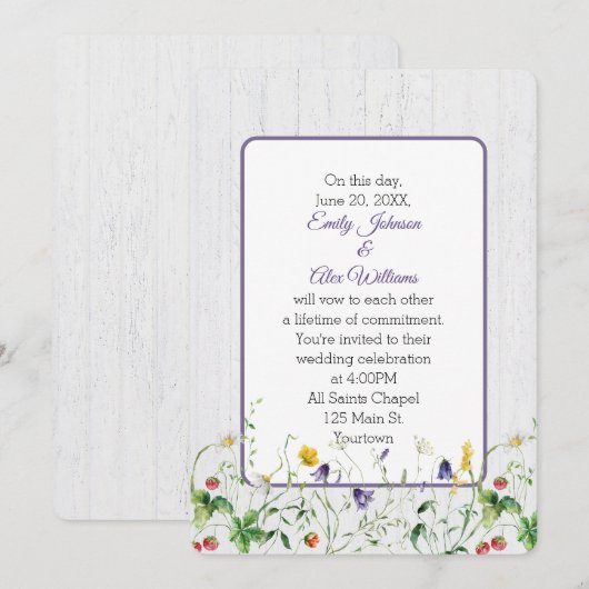 Bruiloft Wildbloemen op witgewassen hout Kaart (Voorkant / Achterkant)