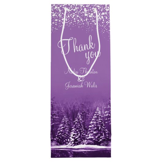 Bruiloft winter pijnbomen paarse kunst dank u wijn cadeautas (Achterkant)