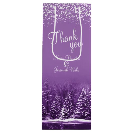 Bruiloft winter pijnbomen paarse kunst dank u wijn cadeautas (Voorkant)