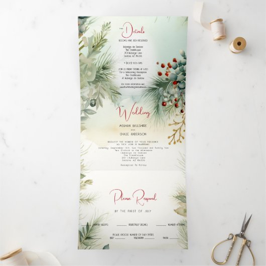 Bruiloft | Winter Waterverf groen Drieluik Uitnodiging (Binnen)