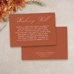 Bruiloft Wishing Well Kalligrafie Script Terracott Informatiekaartje<br><div class="desc">Moderne bruiloft wenskaart met elegant script kalligrafie en bewerkbaar gedicht. Minimalistisch maar opvallend design in terracotta en wit. Coördinerende uitnodigingen, briefpapier en de inrichting van de dag van het evenement zijn te vinden in mijn Wedding Colors collectie. Als u verschillende kleuren of extra sjablonen voor passende producten wilt, stuur me...</div>